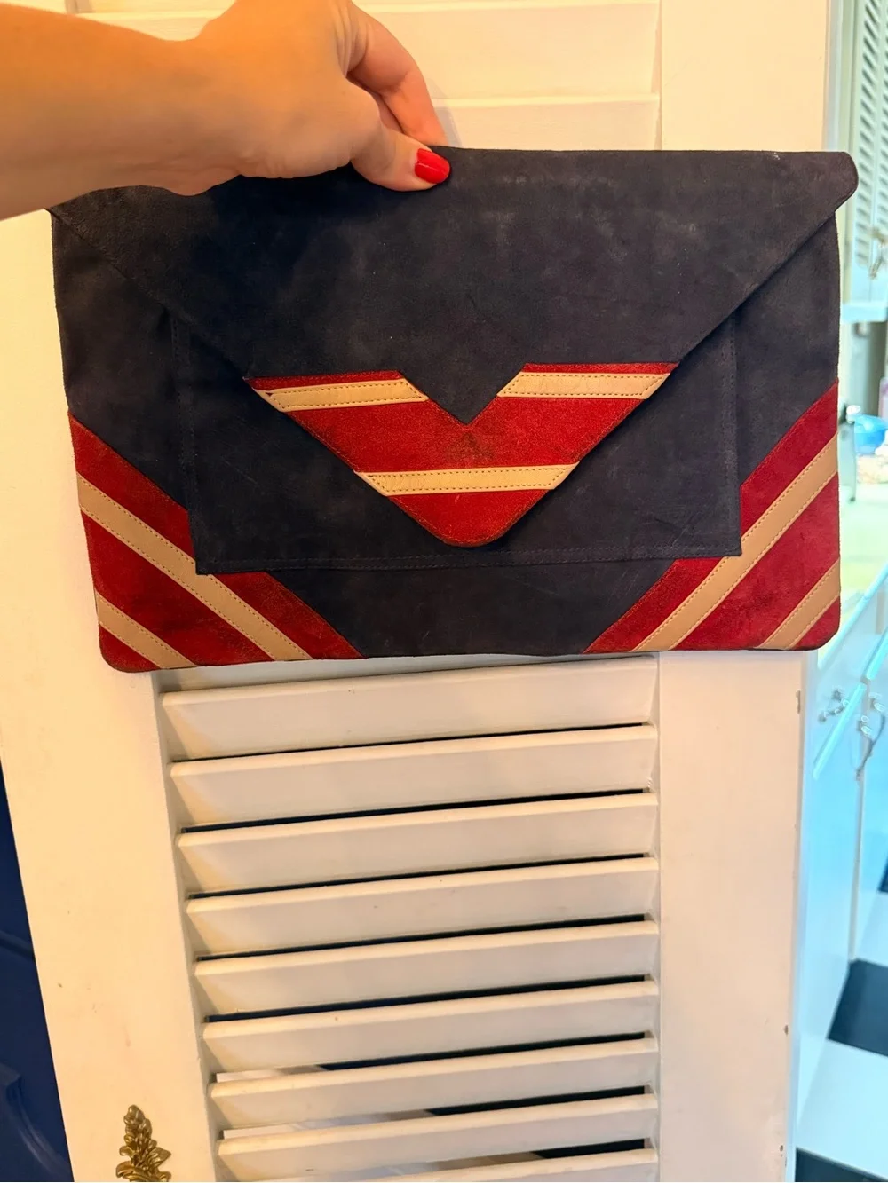 Vintage Suede Envelope Clutch in Navy, Red & Cream